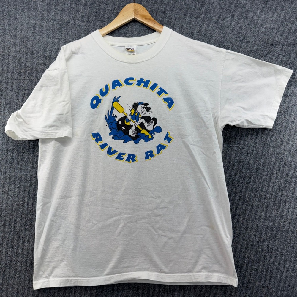 Anvil Ouachita River Rat Graphic T Shirt Mens‎ Large White Cartoon Mouse Kayak